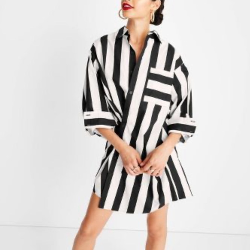 🔖 FUTURE COLLECTIVE Kahlana Barfield Brown Asymmetrical Long Sleeve Shirt Dress - Picture 15 of 17